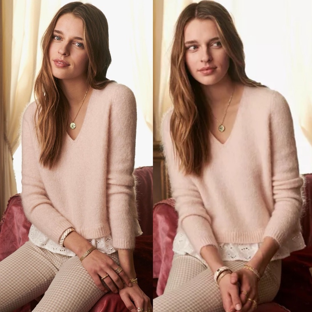 Sezane Alfred Knit Jumper Sweater Pink Size Small Lace Trim Mohair Merino Wool S